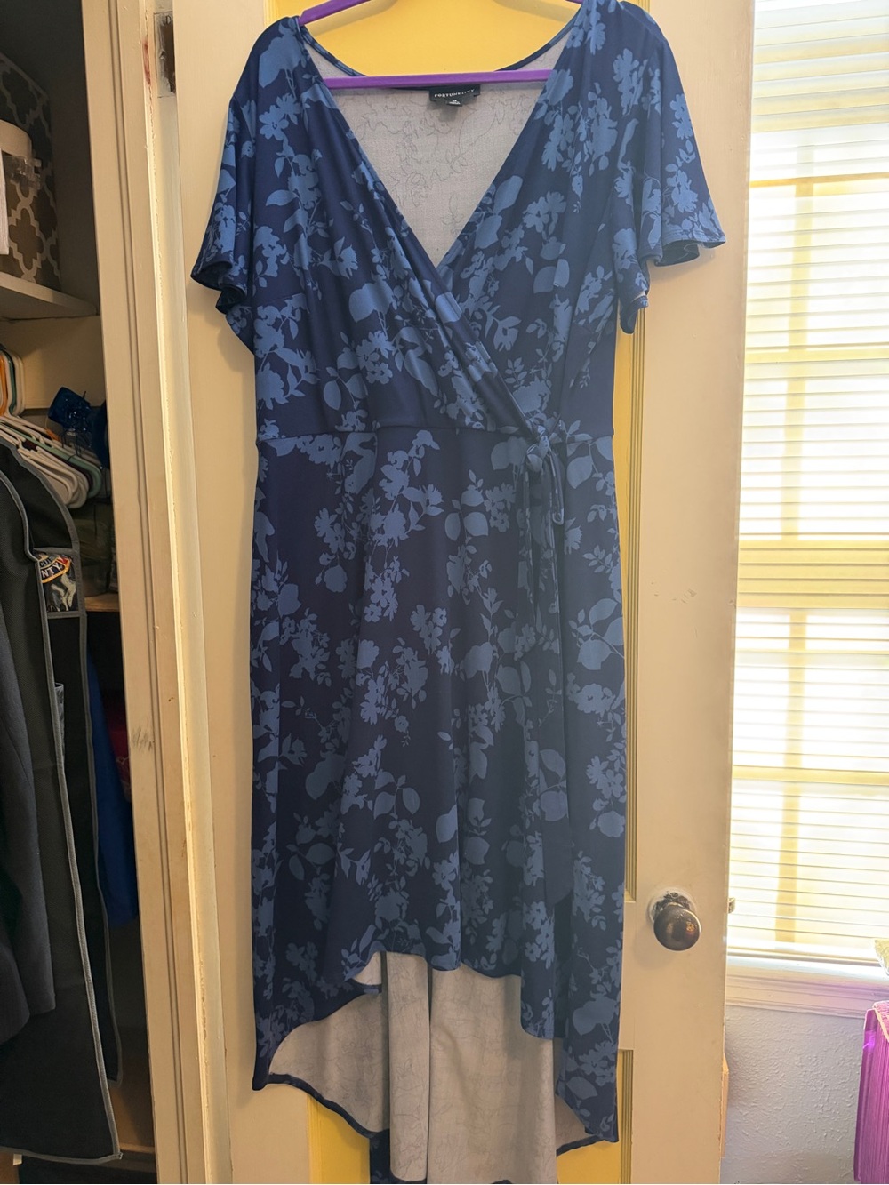 Blue Floral High-Low Wrap Dress with Tie Waist